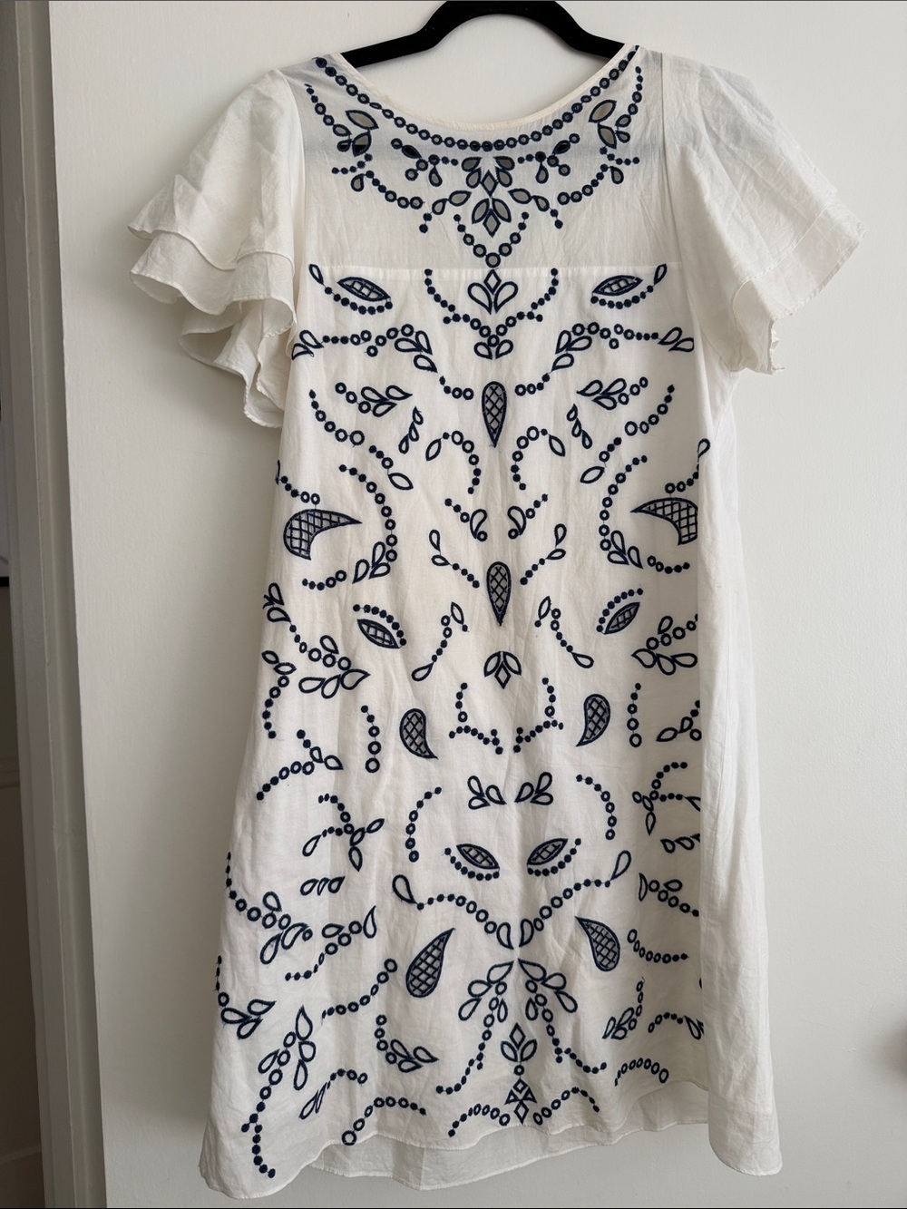 Parker White Mini Dress with Navy Embroidery